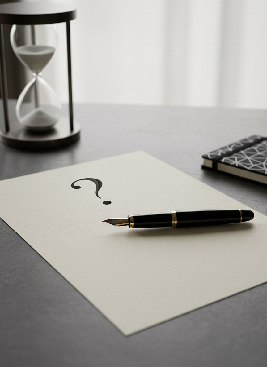 A meticulously arranged still life of a vintage black fountain pen poised above a blank ivory page, with a single, perfectly drawn question mark already inked at the top. The scene is set on a smooth, charcoal-gray stone tabletop, with a minimalist sand hourglass and a small, geometric black notebook placed off to the sides. Diffused overcast window light from behind creates a soft halo around the pen and subtle reflections on the ink. Photographic realism, composed using the rule of thirds, with a shallow depth of field that isolates the page and question mark, producing a calm, sophisticated, and slightly mysterious mood about inquiry and time.
