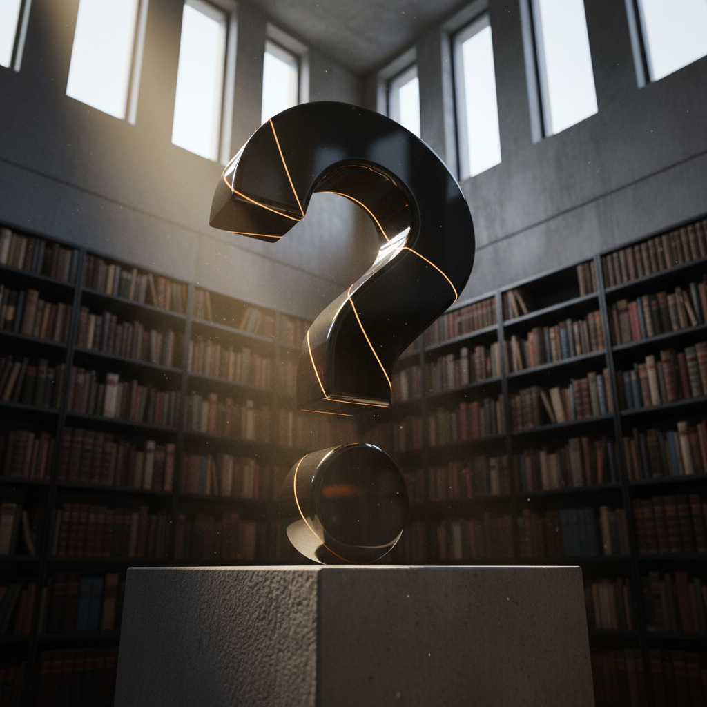 A polished obsidian question mark sculpture standing upright on a low, concrete plinth in a minimalist room lined with tall, shadowy bookcases. The sculpture’s glossy black surface reflects thin streaks of warm, golden hour sunlight streaming through high, narrow windows, creating intricate highlights along its curves. Dust motes are faintly visible in the air, adding texture to the stillness. Photographic realism, captured from a low-angle perspective to emphasize the monumentality of the symbol, with a slightly wide lens to include blurred rows of philosophical books in the background. The mood is solemn, intellectual, and quietly dramatic, suggesting the weight and beauty of doubt.